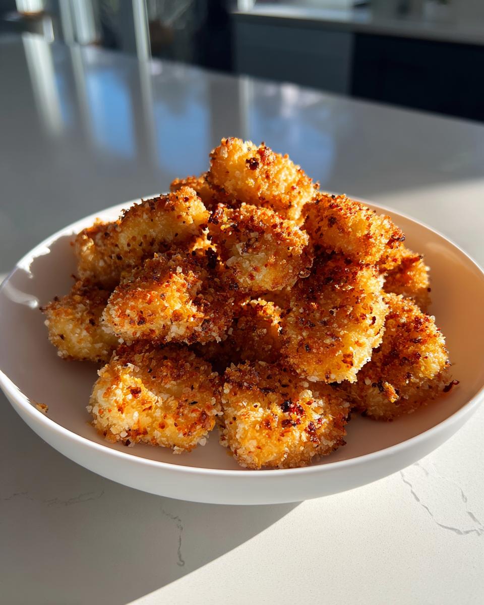 A white bowl piled high with crispy, golden brown air fryer tofu nuggets catching bright sunlight.
