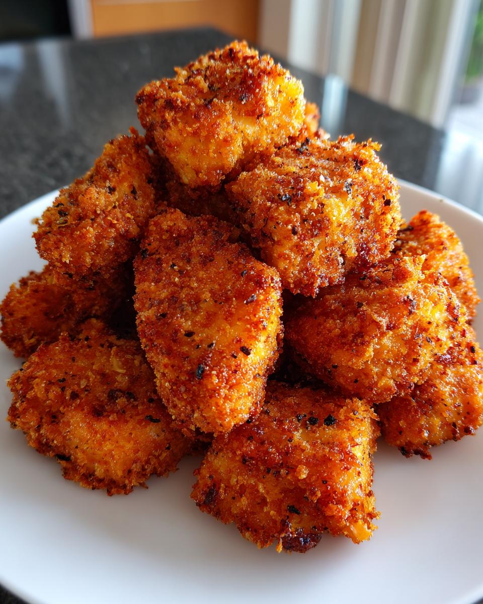 A close-up pile of golden brown, crispy air fryer tofu nuggets seasoned with visible black pepper specs.