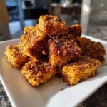 A close-up of a pile of golden brown, crispy air fryer tofu nuggets seasoned with spices.