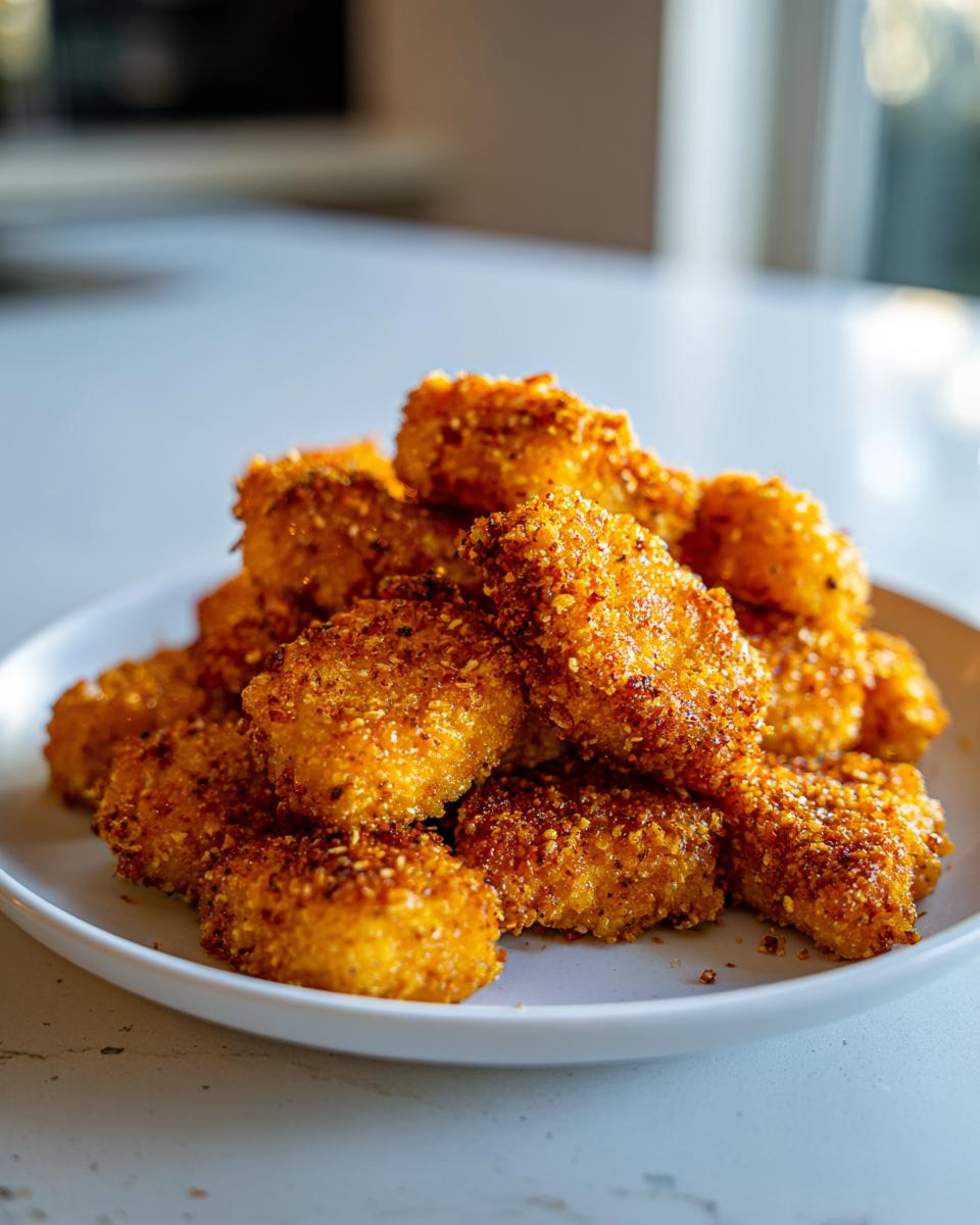 A mound of golden brown, crispy air fryer tofu nuggets piled high on a white plate.