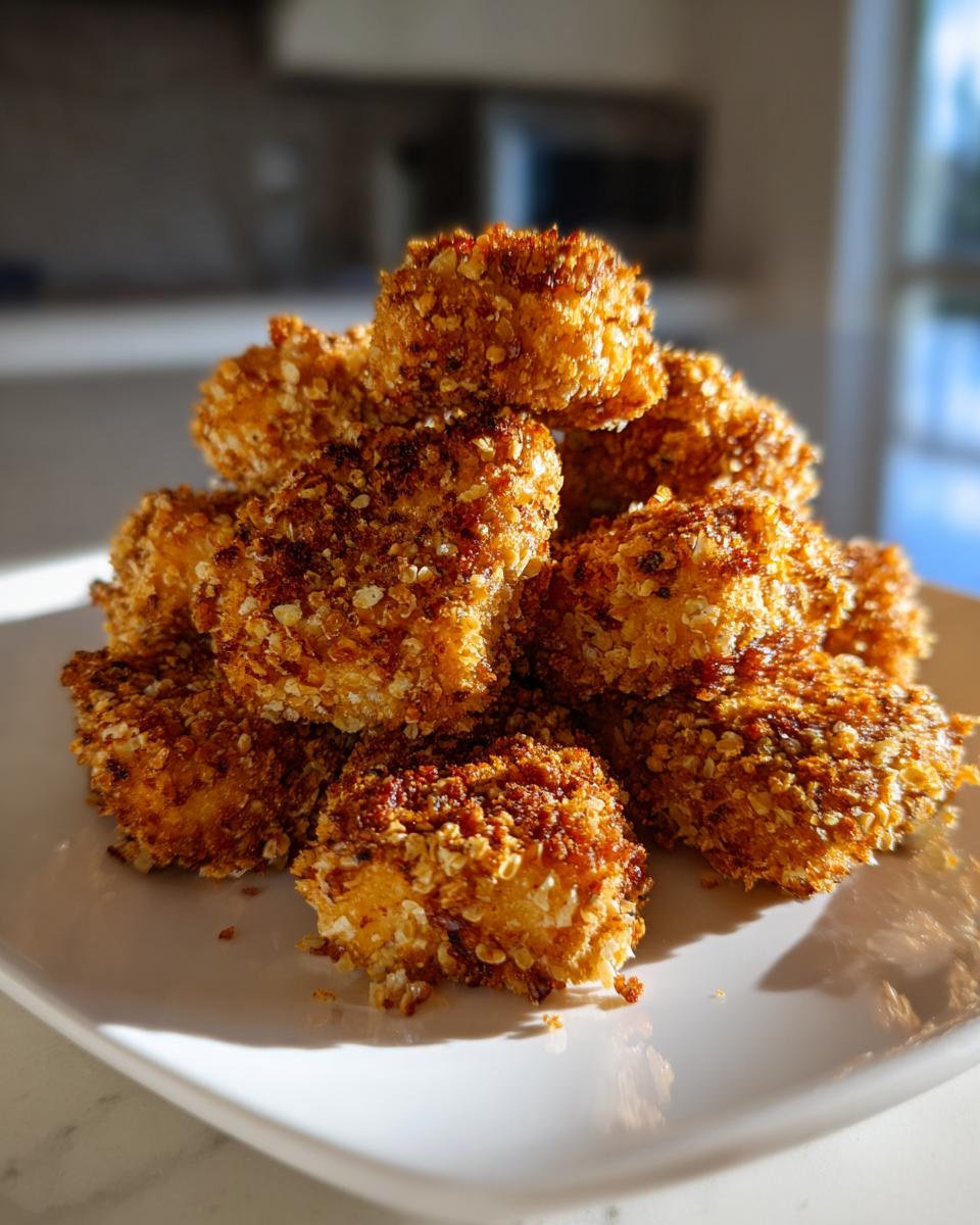 A close-up stack of crispy, golden brown air fryer tofu nuggets piled high on a white square plate.