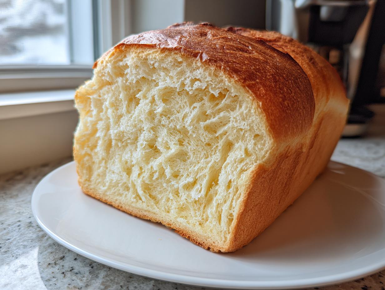 Close-up of a freshly baked loaf of yeast bread, showing its soft, fluffy, and golden interior crumb.