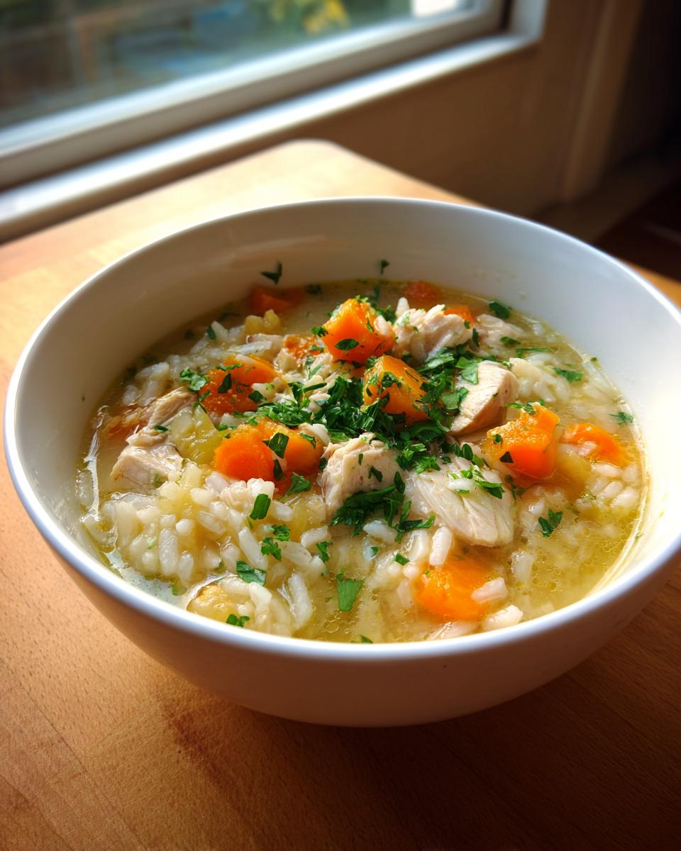 A close-up of a white bowl filled with hearty rice soup, featuring chunks of chicken, bright orange carrots, and fresh parsley garnish.