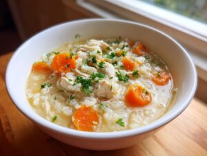 Close-up of a white bowl filled with creamy chicken rice soup, featuring chunks of chicken, bright orange carrots, and fresh parsley.