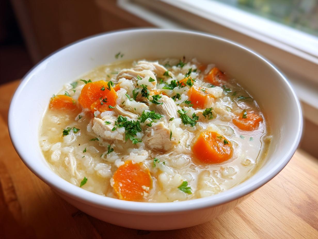 Close-up of a white bowl filled with creamy chicken rice soup, featuring chunks of chicken, bright orange carrots, and fresh parsley.