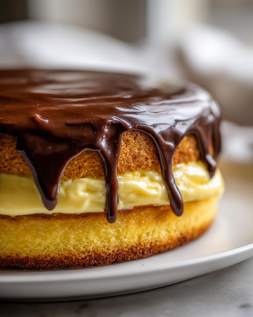 Close-up of a moist boston cream pie featuring yellow cake, thick vanilla custard, and dripping chocolate ganache.