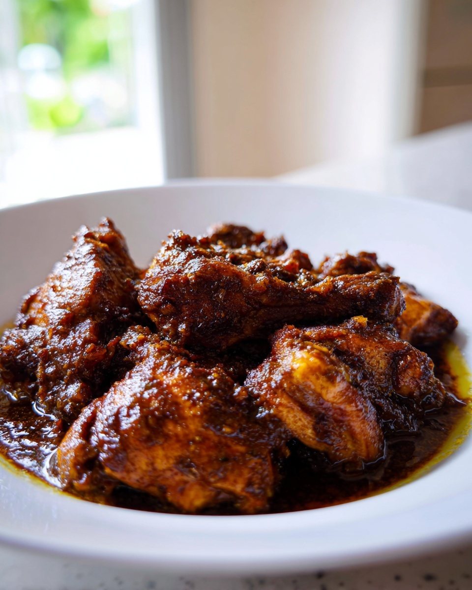 Close-up of rich, dark brown stew chicken pieces coated in a thick sauce, served in a white bowl.
