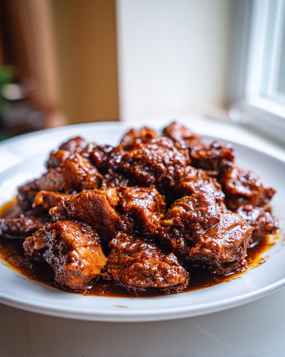 Close-up of tender pieces of rich brown stew chicken coated in a dark, glossy sauce served on a white plate.