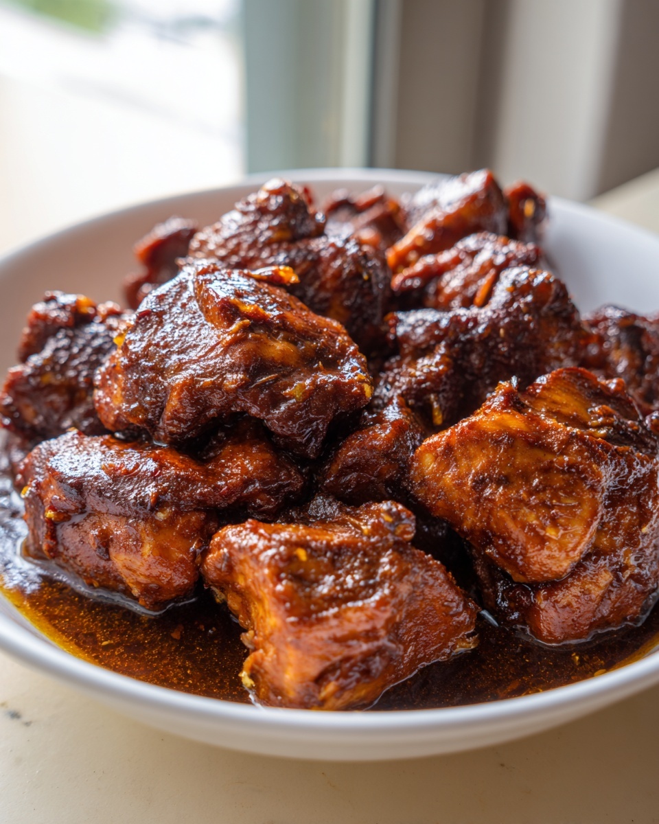 Close-up of tender pieces of brown stew chicken coated in a thick, dark, savory sauce.