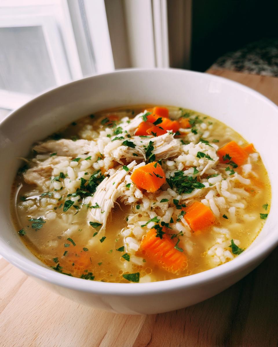 Close-up of a white bowl filled with flavorful chicken and rice soup, featuring shredded chicken, white rice, diced carrots, and parsley.