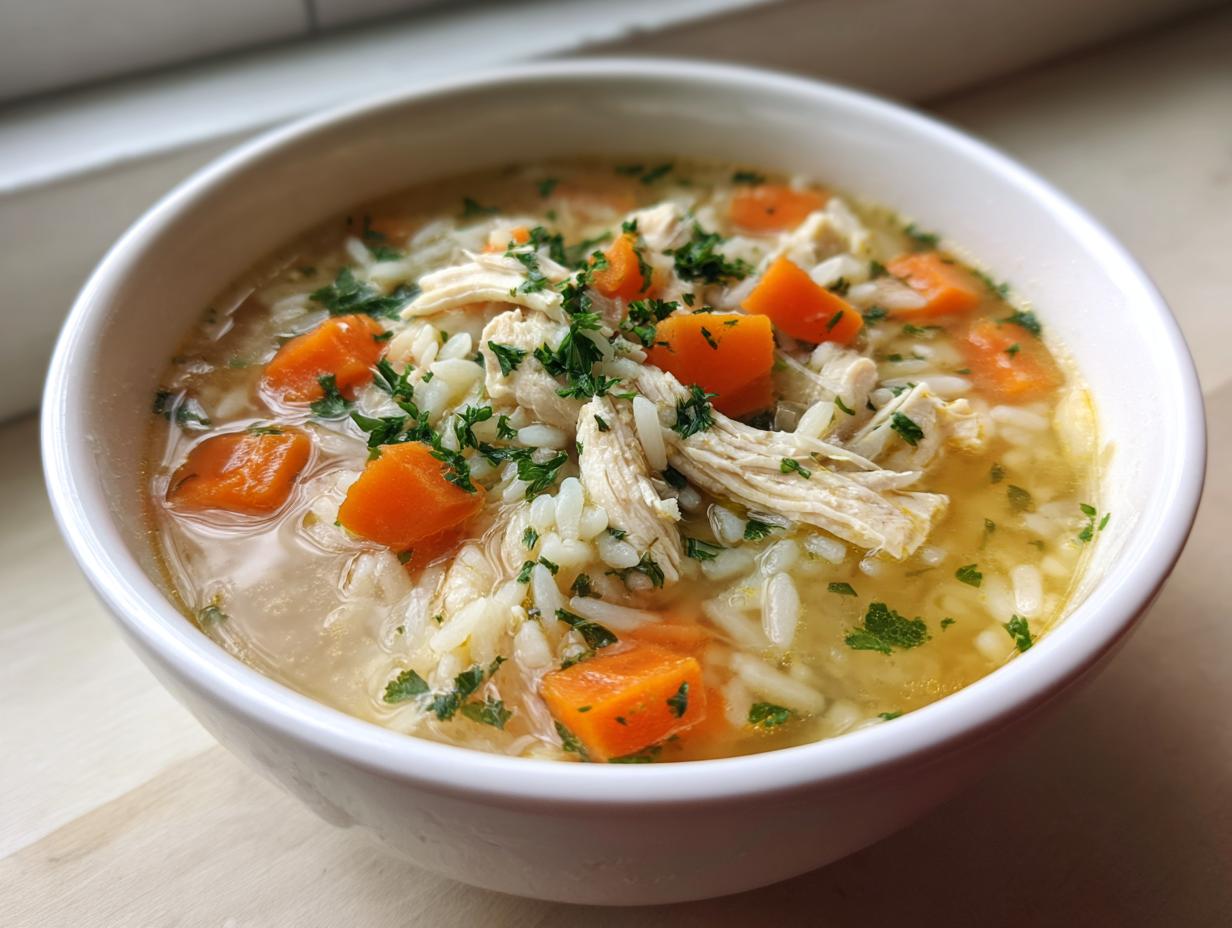Close-up of a white bowl filled with amazing chicken and rice soup, featuring shredded chicken, white rice, bright orange carrots, and parsley.