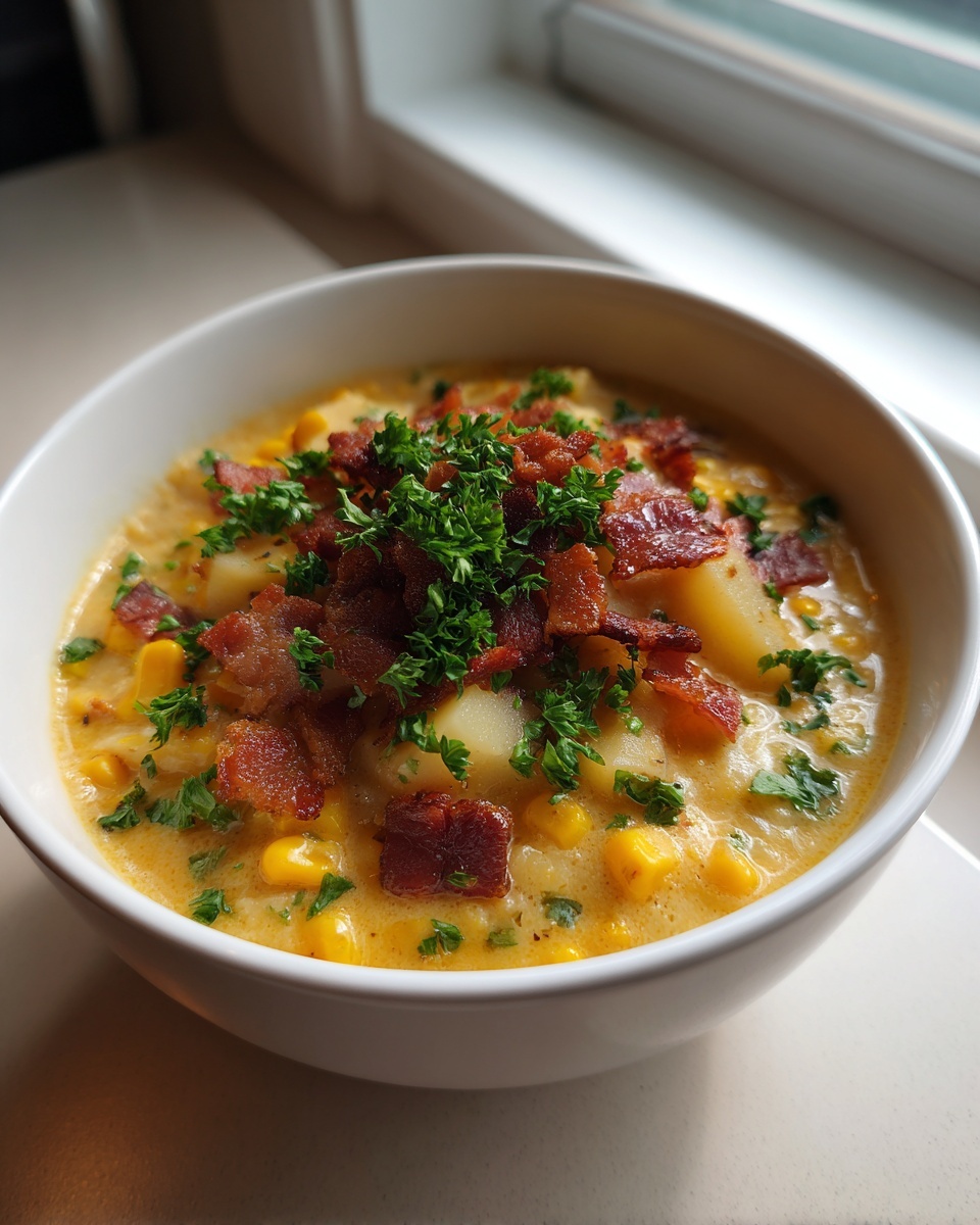 A creamy bowl of amazing corn chowder topped generously with crispy bacon bits and fresh parsley.