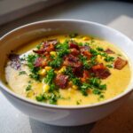 Close-up of a bowl of rich, yellow corn chowder topped generously with crispy bacon bits and fresh parsley.