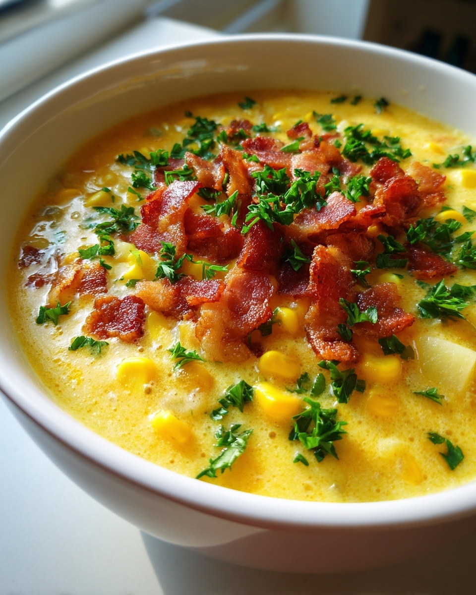 Close-up of a bowl of rich, yellow corn chowder topped generously with crispy bacon bits and fresh chopped parsley.