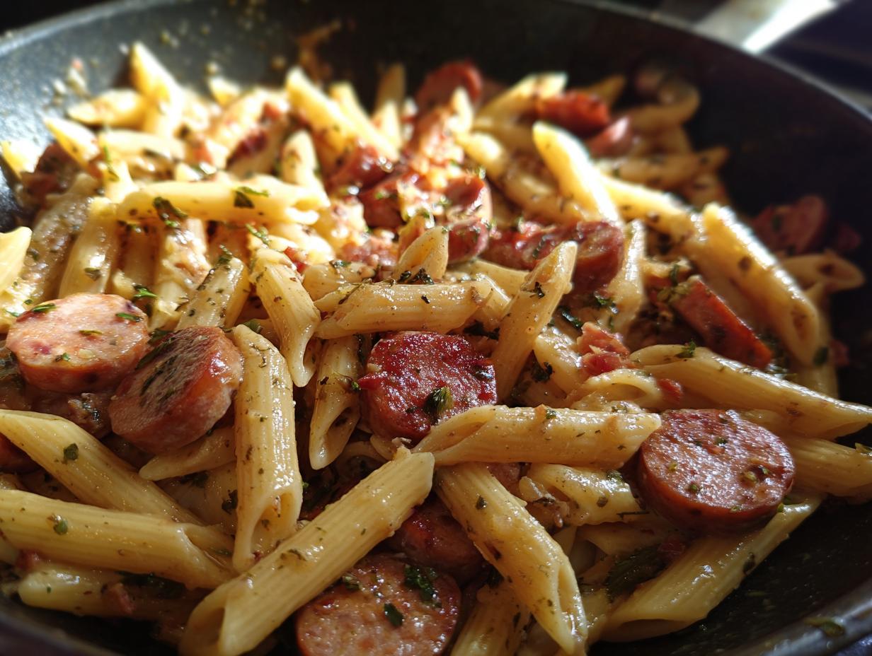 Close-up of creamy penne pasta mixed with sliced, browned kielbasa sausage, part of an amazing kielbasa pasta dish.