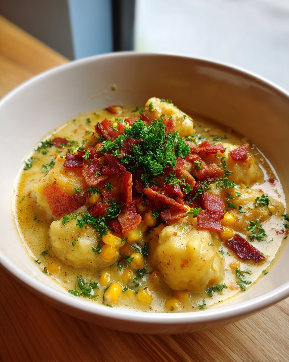 Close-up of creamy potato corn chowder featuring dumplings, topped with crispy bacon bits and fresh parsley.
