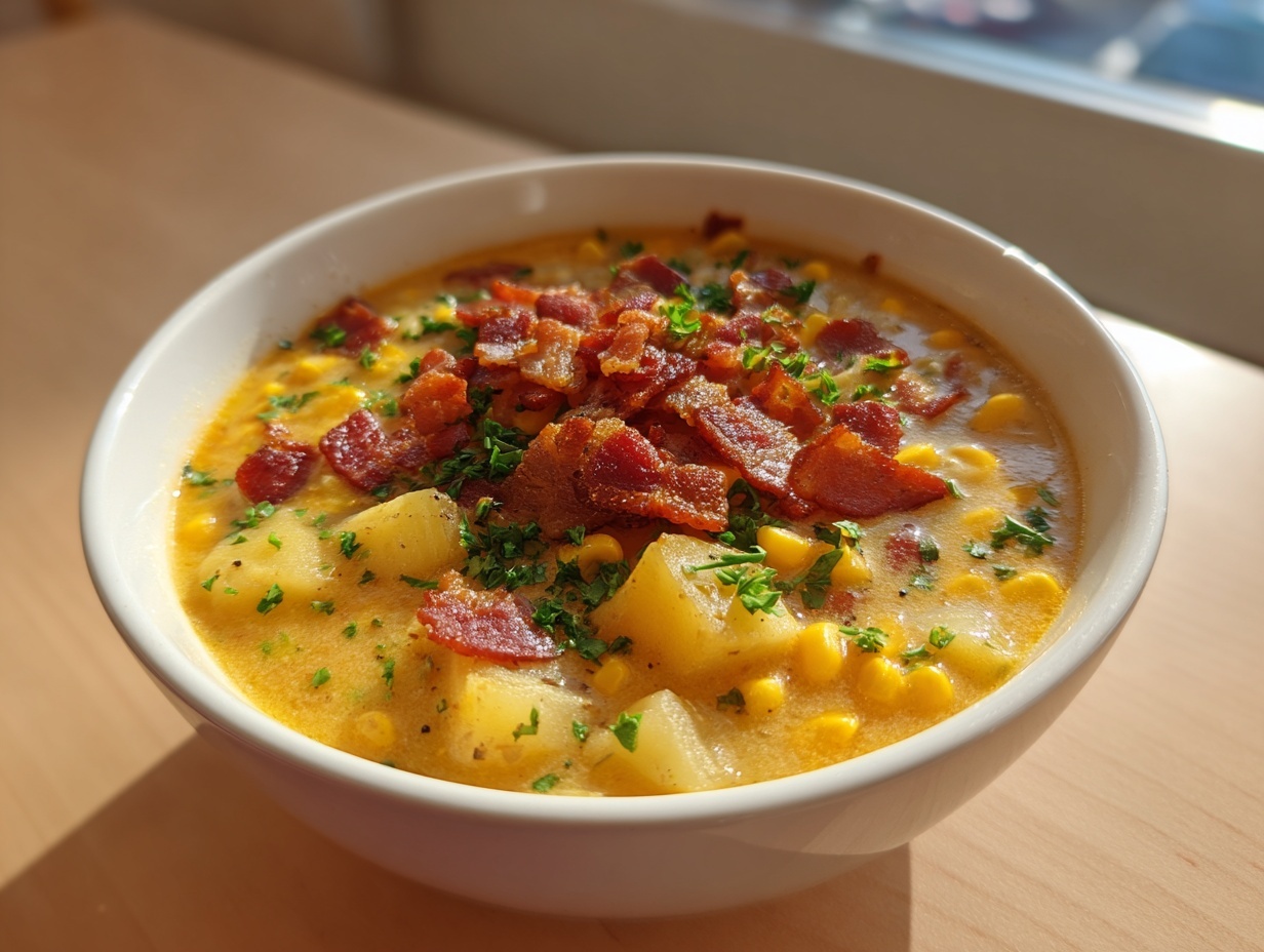 A close-up of a bowl of creamy potato corn chowder topped generously with crispy bacon pieces and fresh parsley.