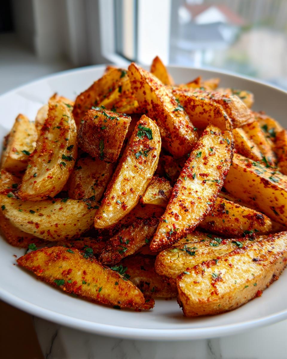 A close-up of golden brown, perfectly seasoned potato wedges sprinkled with paprika and parsley.
