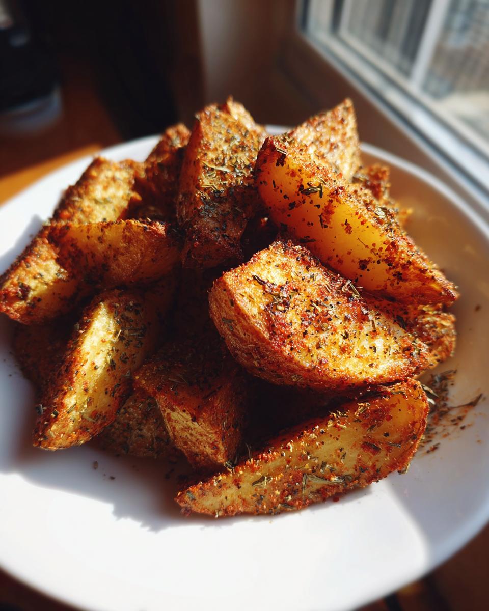 A close-up of golden brown, oven-baked seasoned potato wedges piled high on a white plate.