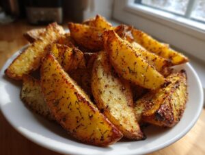 A close-up of golden brown, crispy seasoned potato wedges piled high on a white plate.