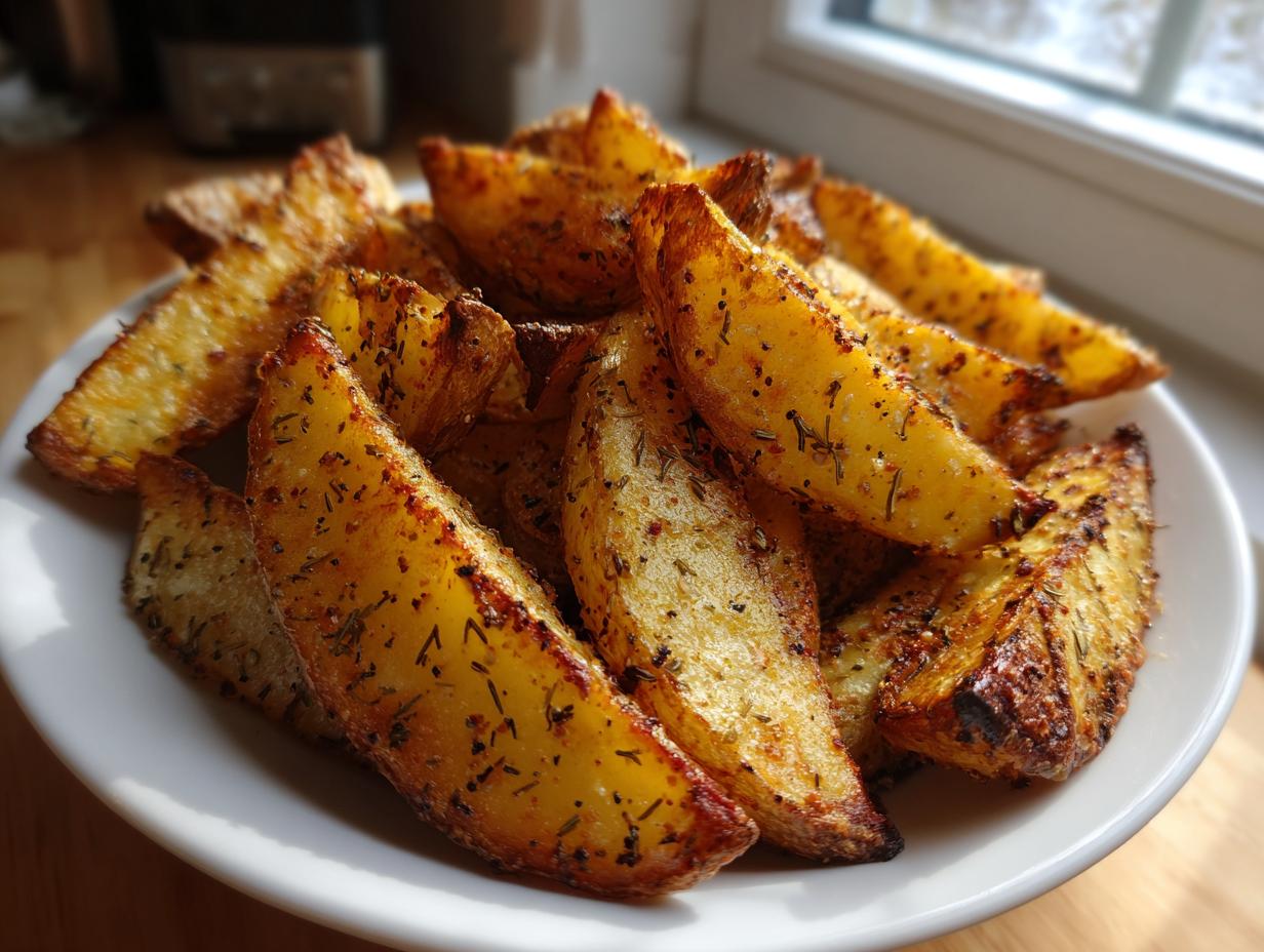 A close-up of golden brown, crispy seasoned potato wedges piled high on a white plate.
