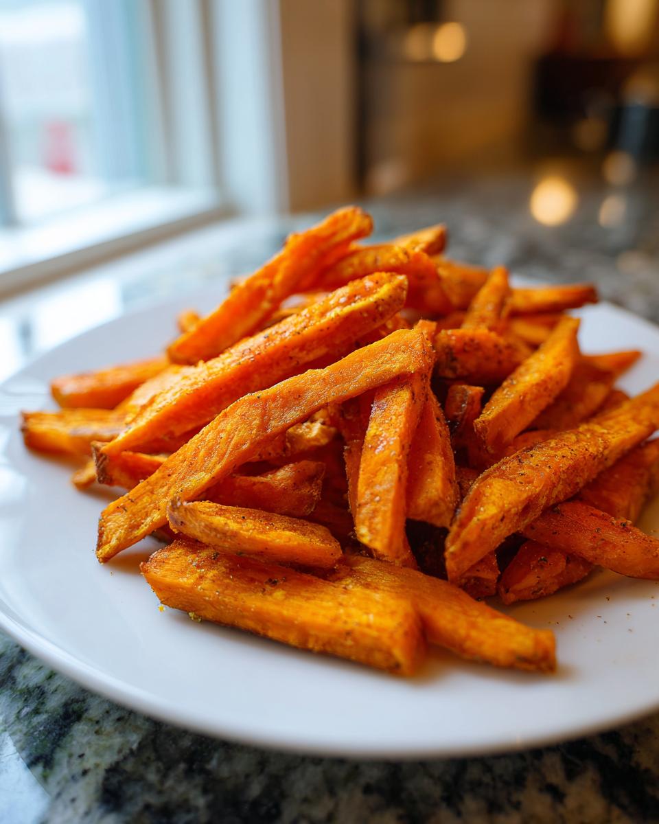 A close-up of a generous serving of bright orange, seasoned sweet potato fries piled high on a white plate.