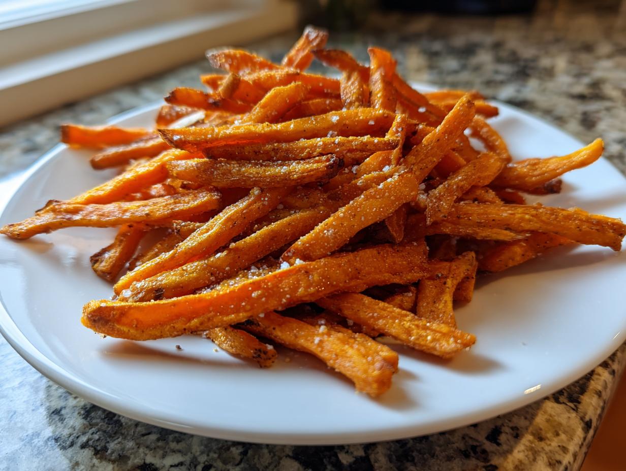 A close-up of a white plate piled high with crispy, seasoned sweet potato fries sprinkled with sea salt.
