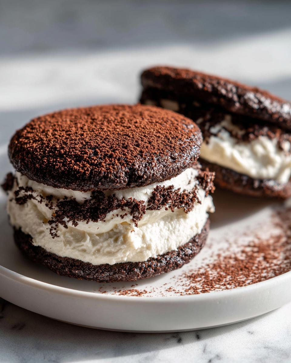 Close-up of two decadent tiramisu cookies filled with white cream and dusted heavily with cocoa powder.