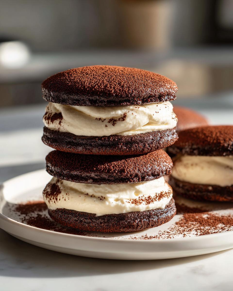 A stack of two decadent tiramisu cookies filled with white cream and dusted heavily with cocoa powder.