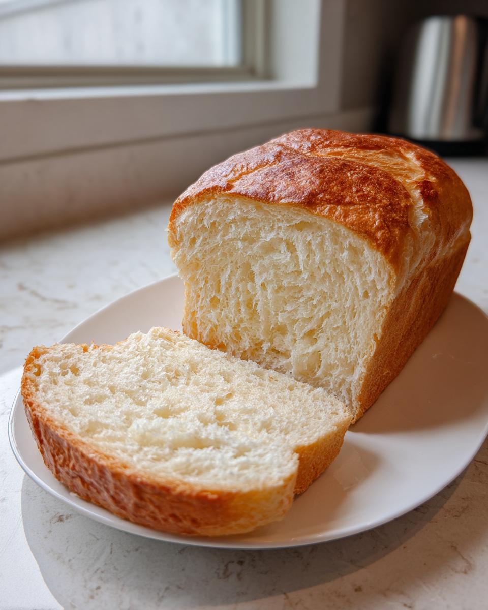A loaf of fluffy, homemade yeast bread, sliced to show the soft interior and golden crust.
