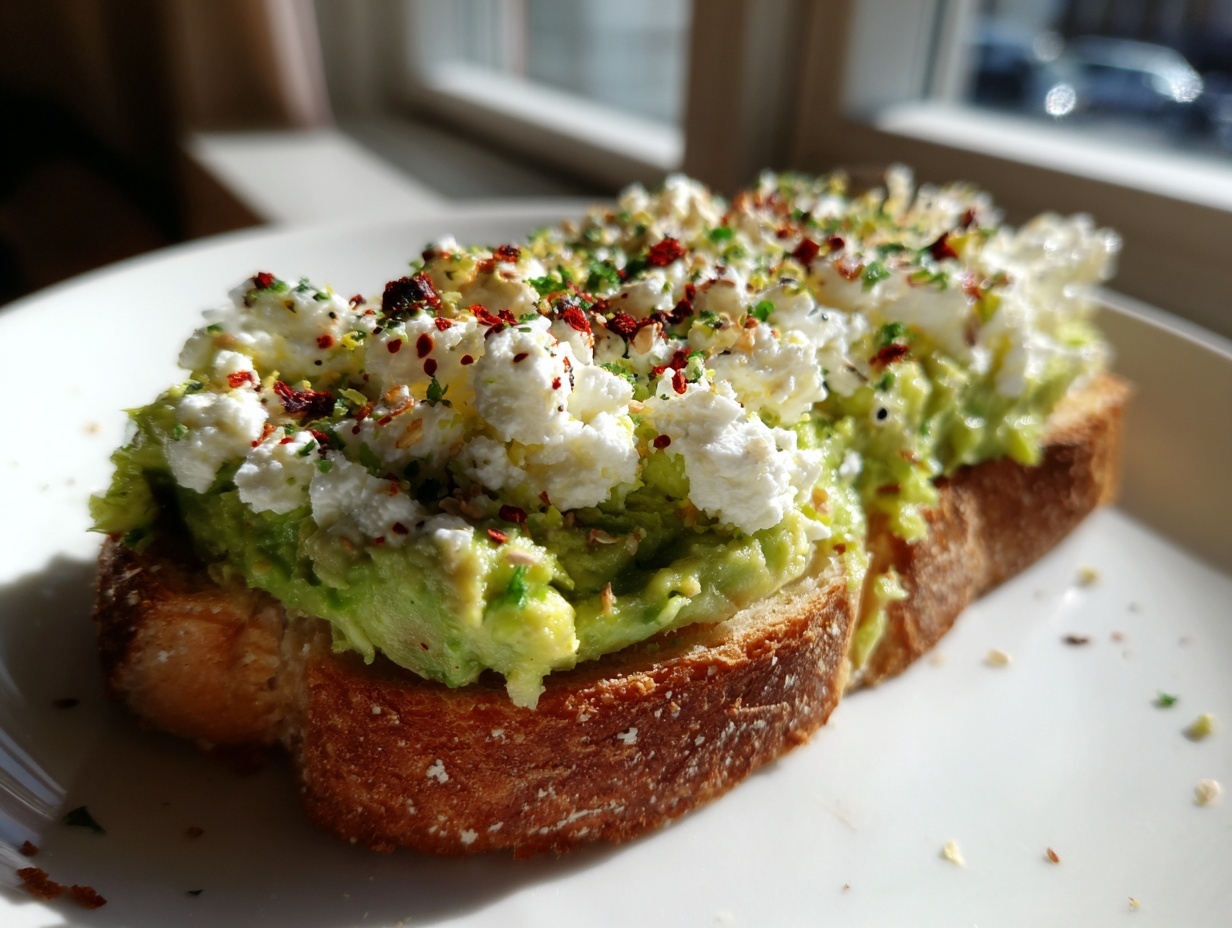 Close-up of avocado cottage cheese toast topped with spices, served on a white plate near a window.