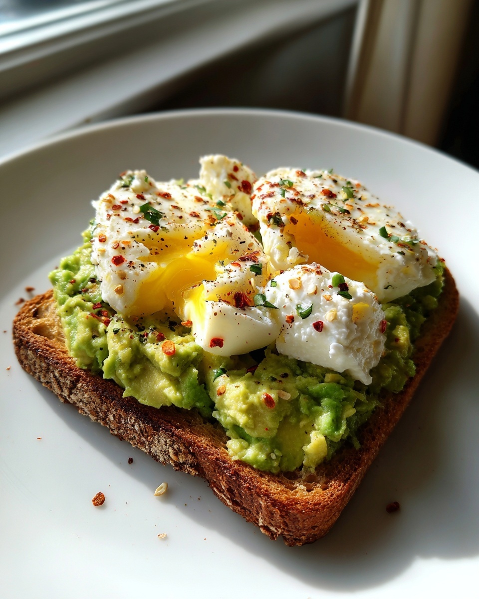 Close-up of avocado cottage cheese toast topped with perfectly poached eggs and chili flakes.