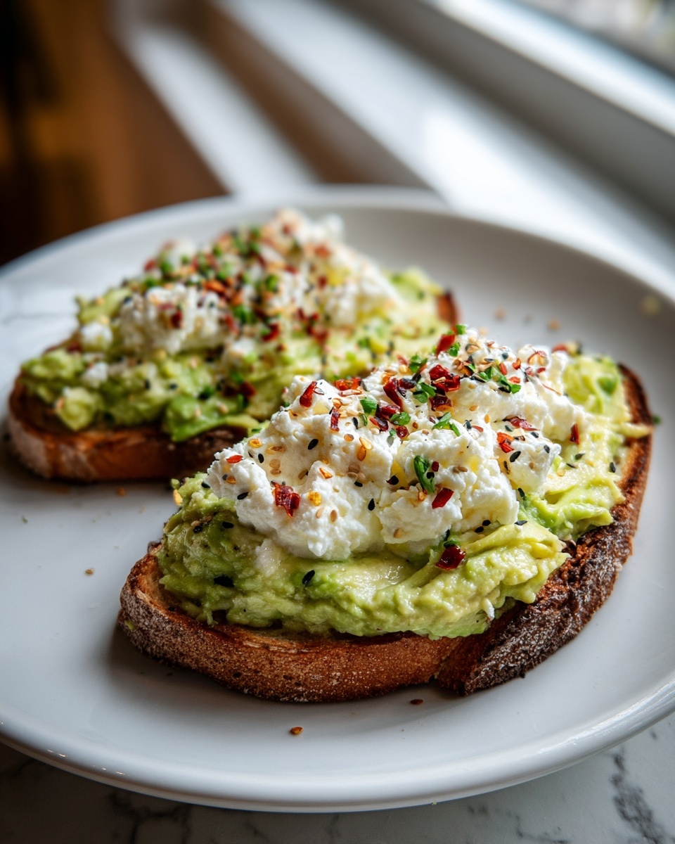 Two slices of avocado cottage cheese toast topped with cottage cheese and chili flakes on a white plate.
