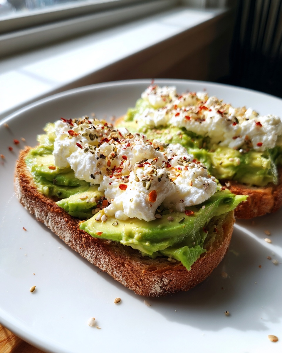 Two slices of avocado cottage cheese toast topped with seasoning, sitting on a white plate.