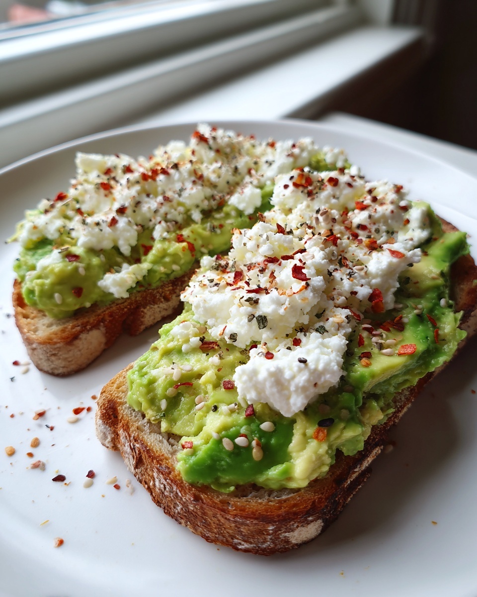 Two slices of avocado cottage cheese toast topped with cottage cheese and everything bagel seasoning.