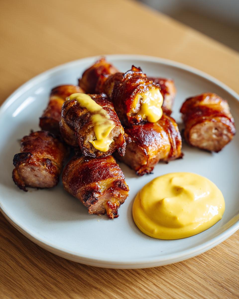 A plate of crispy, bacon-wrapped pretzel dog bites oozing melted cheese, served with a side of bright yellow mustard.