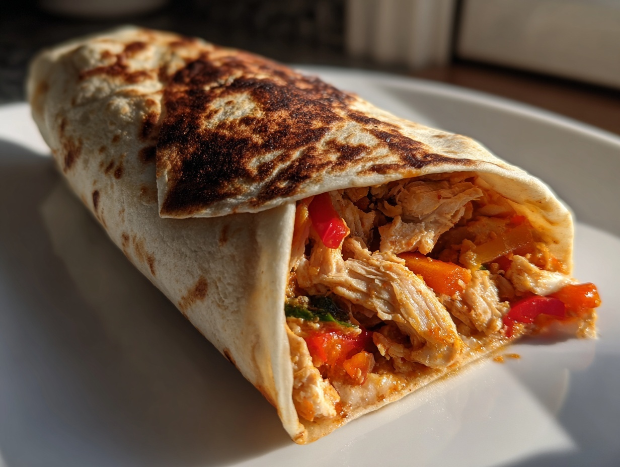 Close-up of a baked cottage cheese wrap filled with shredded chicken and red/orange peppers.