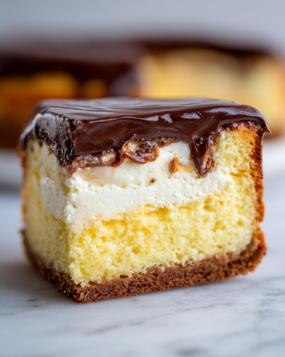Close-up of a layered slice of boston cream pie cheesecake with chocolate ganache topping.