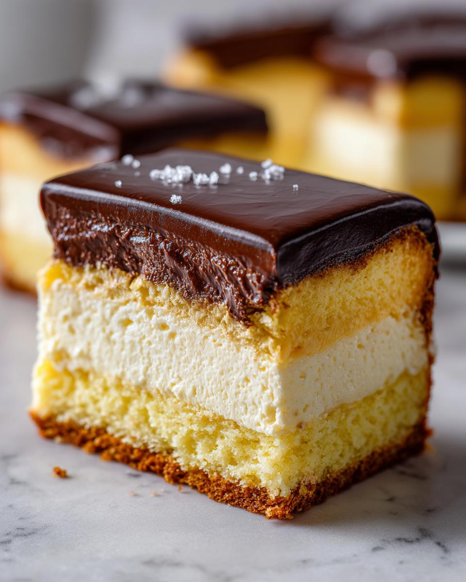 Close-up of a layered slice of boston cream pie cheesecake with vanilla filling and dark chocolate ganache topping.