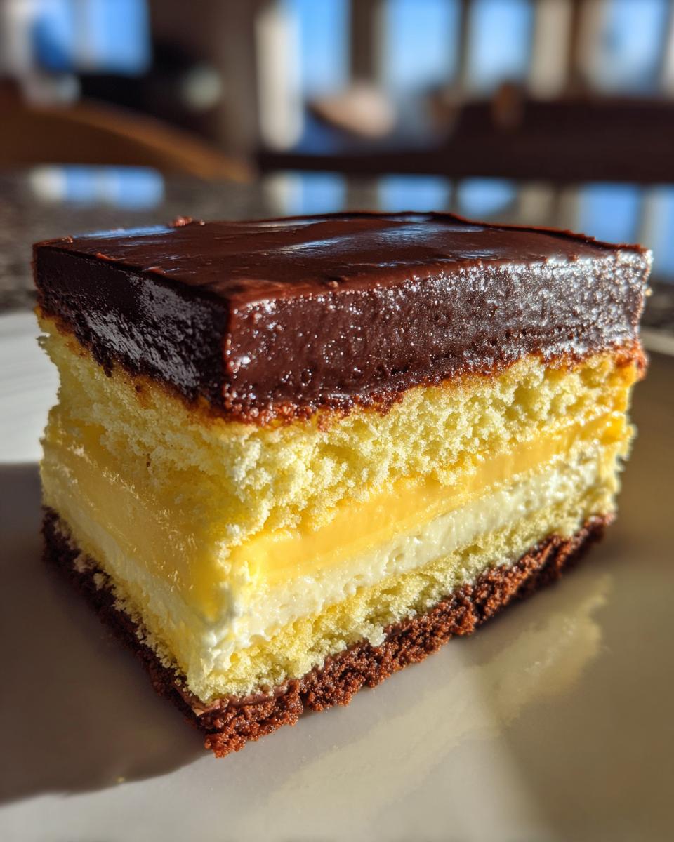 A close-up slice of boston cream pie cheesecake showing layers of cake, custard, cream, and chocolate ganache topping.
