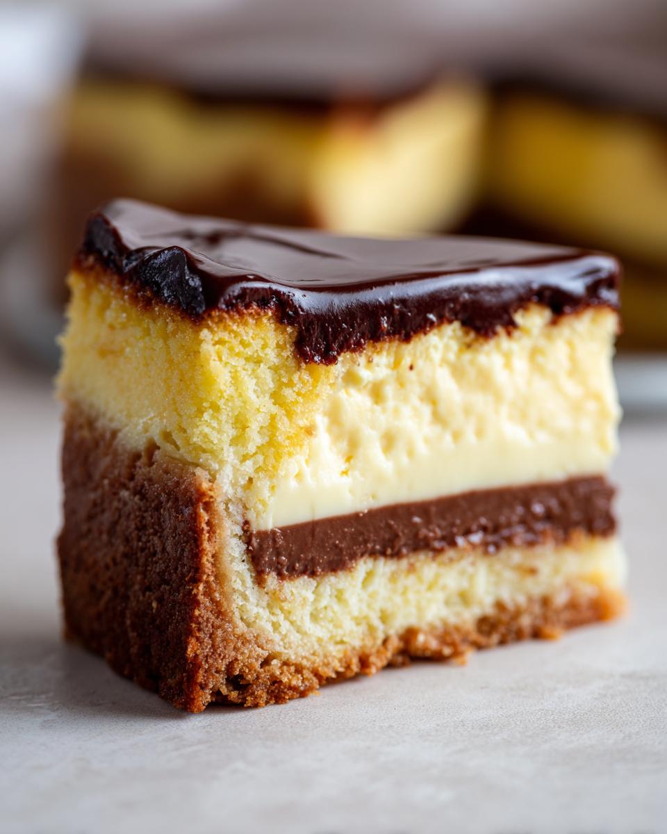 Close-up of a layered slice of boston cream pie cheesecake featuring cake, cream, and chocolate ganache topping.