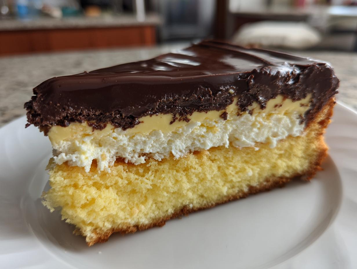 A thick slice of boston cream pie cheesecake showing layers of cake, cream, custard, and chocolate ganache.