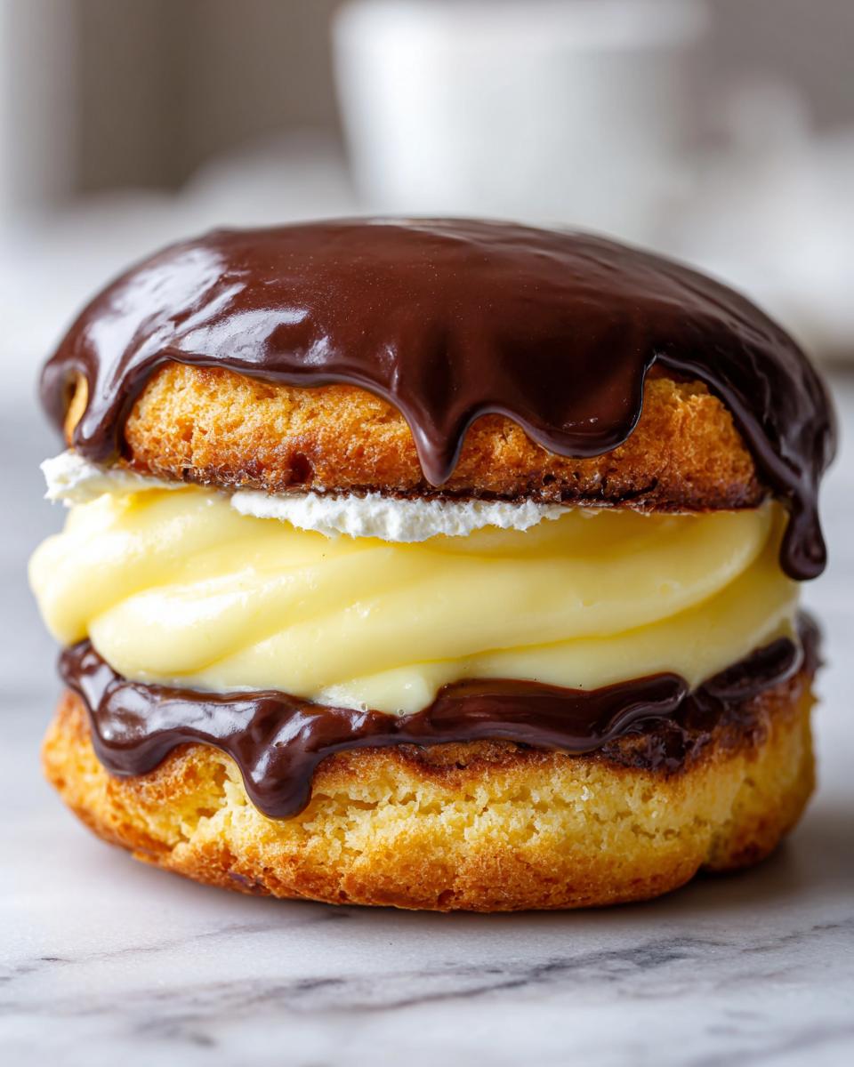 A decadent boston cream pie cookie featuring a thick layer of yellow pastry cream and chocolate ganache.