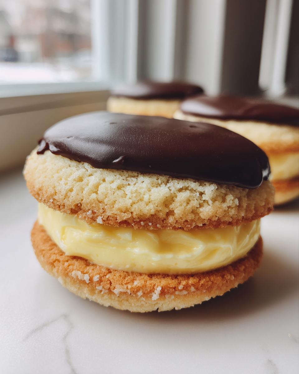 A close-up of a delicious boston cream pie cookie sandwich filled with yellow pastry cream and topped with chocolate ganache.