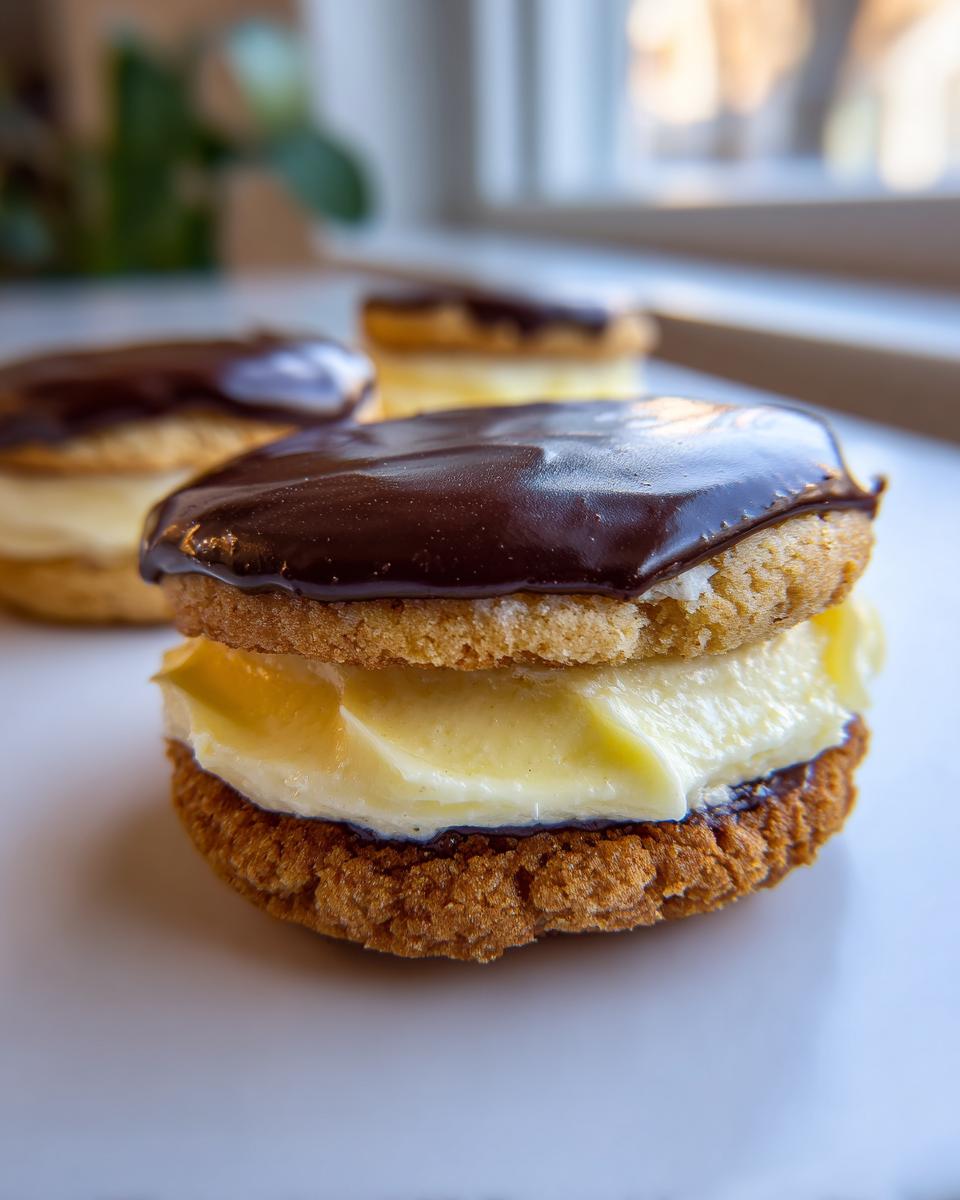 A close-up of a boston cream pie cookie sandwich filled with thick vanilla pastry cream and topped with chocolate ganache.