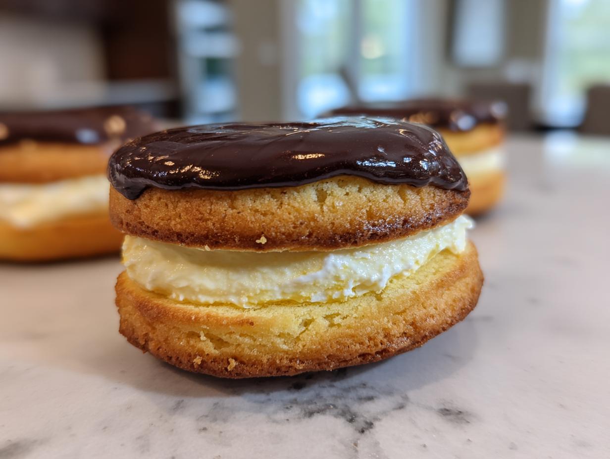 A close-up view of a single boston cream pie cookie sandwich filled with cream and topped with chocolate glaze.