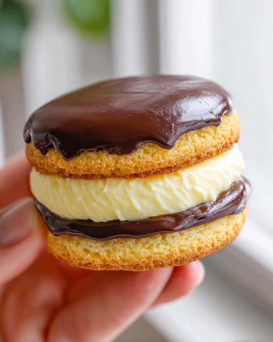 A hand holding a delicious boston cream pie cookies sandwich with vanilla cream and chocolate ganache.