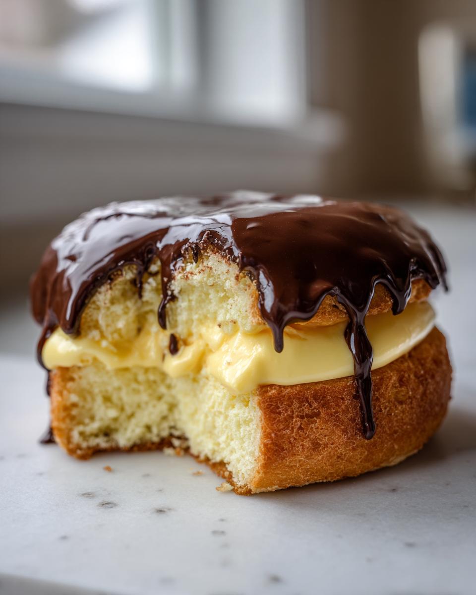 A cross-section view of a delicious boston cream pie slice showing yellow cake, thick pastry cream, and dripping chocolate ganache.