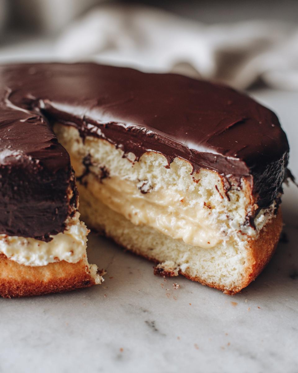 Close-up of a slice cut from a boston cream pie poke cake showing vanilla filling and chocolate ganache.