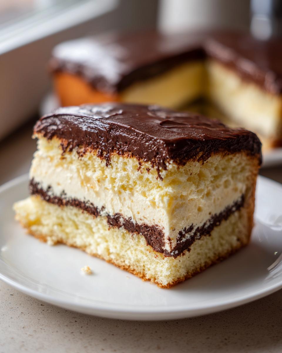A close-up slice of boston cream pie poke cake showing layers of yellow cake, vanilla cream filling, and chocolate ganache.